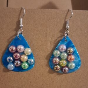 Blue Teardrop Earrings with Multicolor Pearl Accents